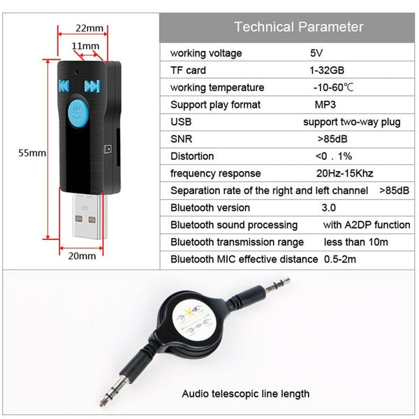 BC07 Mini Brushed Texture USB Bluetooth Receiver MP3 Player SD/TF Card Reader with Microphone & Audio Cable, Support Handsfree & AUX Output & 32GB Micro SD / TF Card & Two-sided USB Port Connecting
