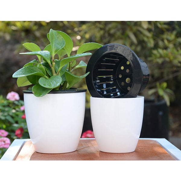 Lazy Flower Pots Automatic Water-absorbing Hydroponic Potted Plants Circular Resin Plastic Flower Pots Double-layer Design Self Watering Planter, Diameter: 15cm, Height: 15.5cm(White)