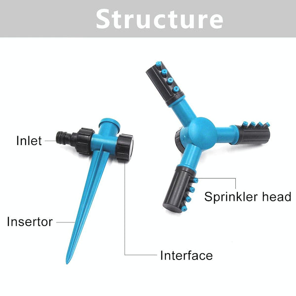 Automatic 360 Rotating Adjustable Garden Water Sprinklers Lawn Irrigation System with 3 Arm Sprayers and Spike Base(Blue)