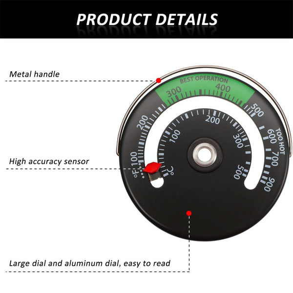 Magnetic Fireplace Thermometer Temperature Monitor(Black)