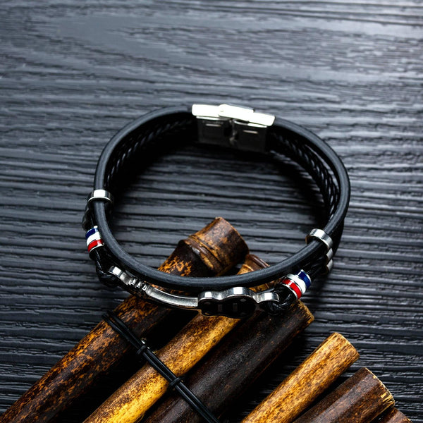 OPK 1354 Titanium Steel Men Leather Hand Ring Personal Multi-Layered Woven Bracelet