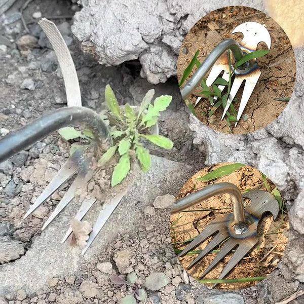 Four-Tooth Dual Purpose Weed Remover Tool Gardening Weed Rake Uprooting Weeding Tool, Length: 29cm V-head Wood Handle