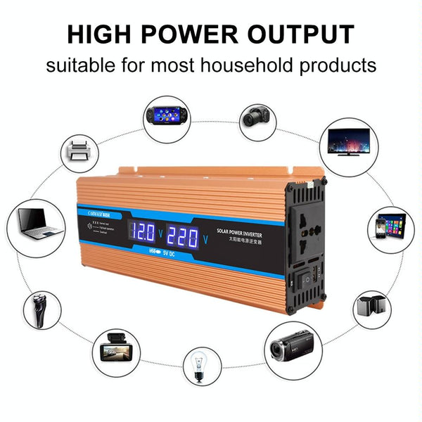 Carmaer Modified Sine Wave 12V to 220V 1200W Car Multi-function Double Digital Display Inverter Household Power Converter