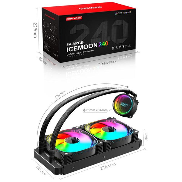 COOLMOON CM-YM-240T Digital ARGB Lens Edition Integrated Water Cooling CPU Cooler Temperature Display CPU Fan(White)