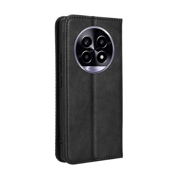 For Realme 13+ 5G Global Magnetic Buckle Retro Texture Leather Phone Case(Black)