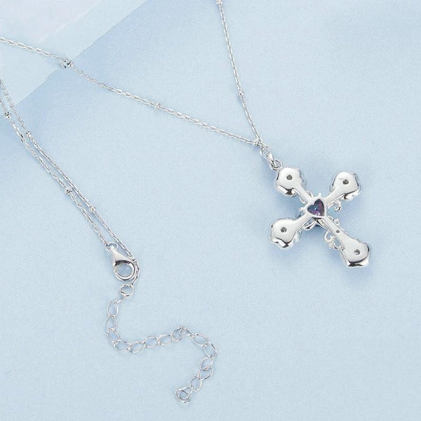 S925 Sterling Silver Platinum Plated Rose Cross Necklace For Women(BSN379)