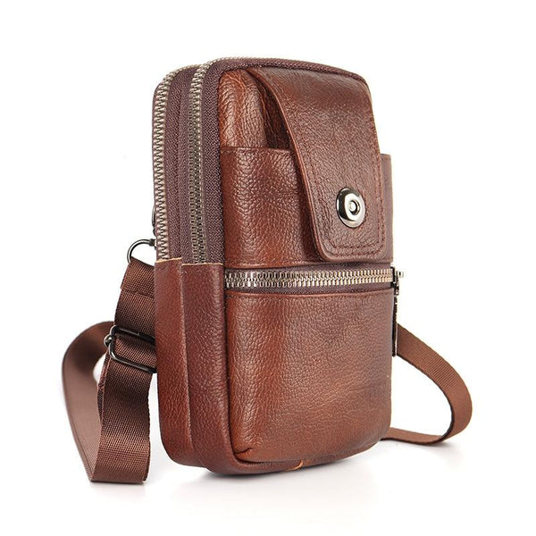 KUNQITIAN Mobile Phone Waist Bag Belt Leather Case With Shoulder Strap, Size: M(Red Brown)