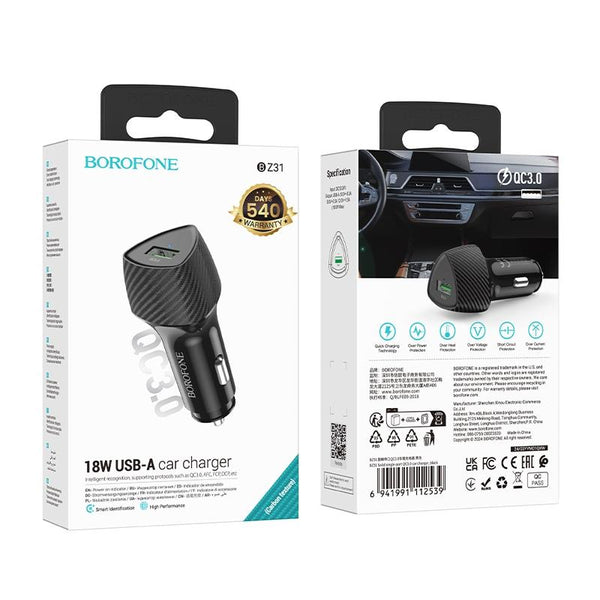 BOROFONE BZ31 Solid Single-port QC3.0 USB Car Charger(Black)