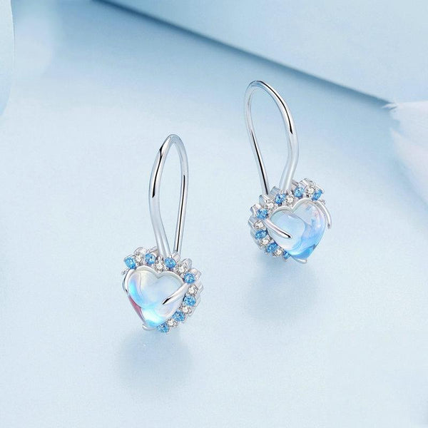 BSE785 Sterling Silver S925 Heart Moonstone Platinum Plated Earrings