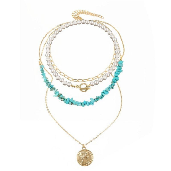 Boho Colorful Broken Natural Stone Necklace, Model: N2105-20 Blue-green Stones