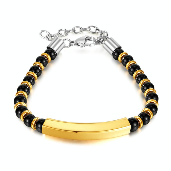 OPK GS1552 Stainless Steel Onyx Beaded Bracelet, Color: Gold