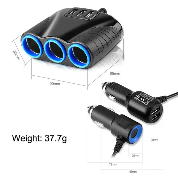 120W Multifunctional USB 3 In 1 Car Cigarette Lighter Car Charger, Style: 3 Ports(Blue Black)