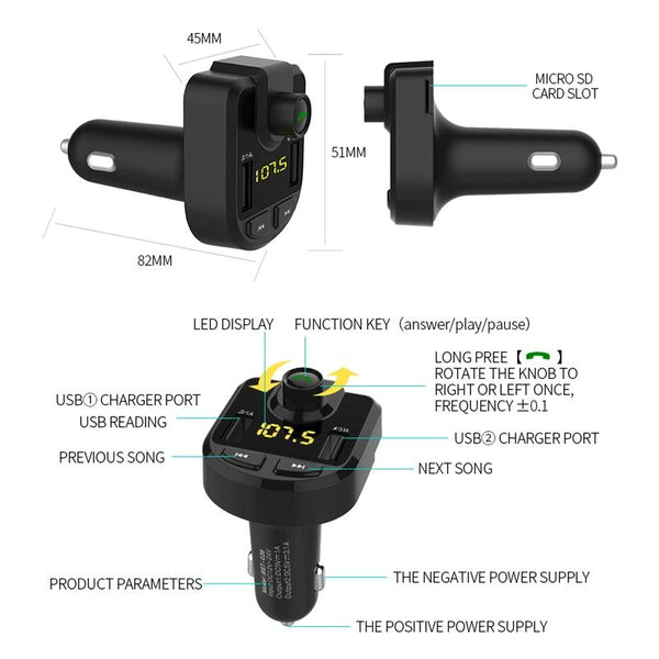 Bluetooth FM Transmitter Wireless In-Car Radio Adapter Music Player Hands-Free Calling Car Kit, Dual USB Charger, Support Bluetooth / Micro SD Card / TF Card / USB Disk