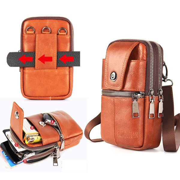 KUNQITIAN Mobile Phone Waist Bag Belt Leather Case With Shoulder Strap, Size: M(Red Brown)