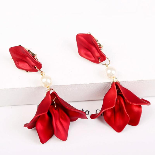 Long Exaggerated Fabric Art Handmade Petal Earrings, Color: E1910-4 Pearl Model