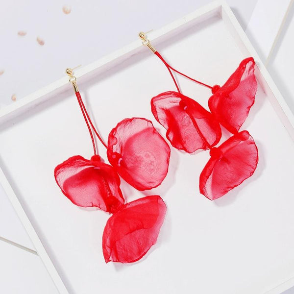 Long Exaggerated Fabric Art Handmade Petal Earrings, Color: E1908-23 Red