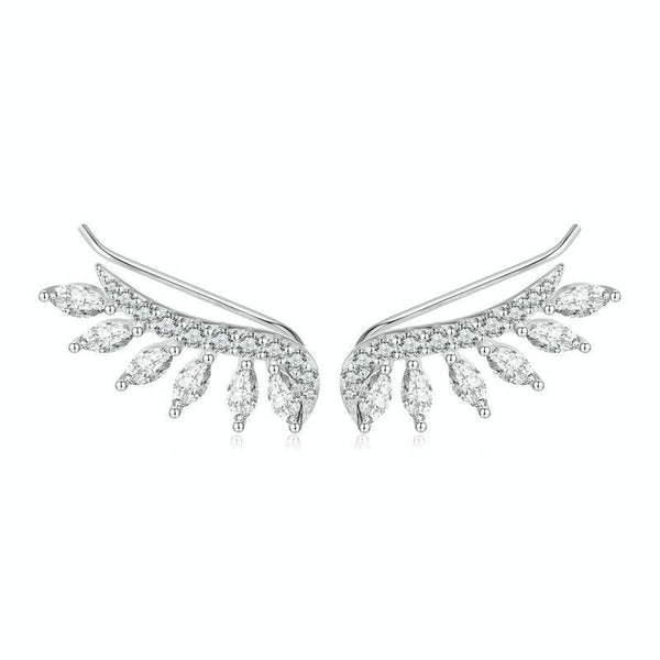 BSE780 Sterling Silver S925 Sparkling Platinum Zircon Wing Feather Long Stud Earrings