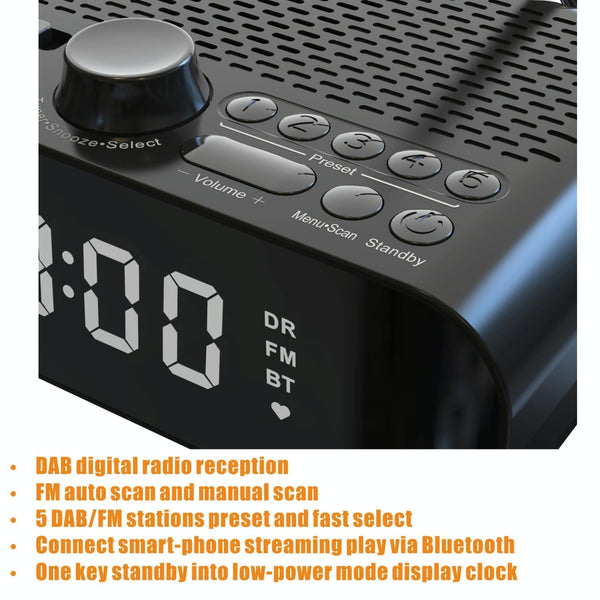 DAB-A5 LED Display Bedside DAB/FM Clock Radio with Bluetooth Speaker, EU Version(Black)