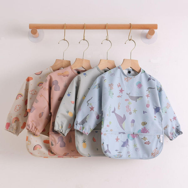 Long Sleeved Baby Bib Waterproof Washable Easy Clean Smock With Pocket, Size: S(Dinosaurs)