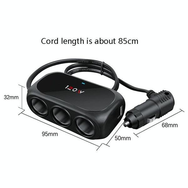 Car Charger Cigarette Lighter 1 In 3 Mobile Phone USB Car Charger(Black)