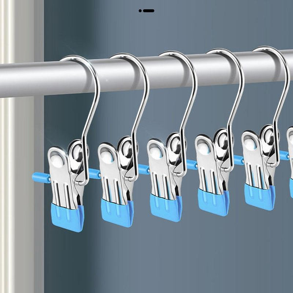 5pcs /Pack Stainless Steel Flat Clip With Hook Anti-Scratch Catch Laundry Drying Holder(Blue)