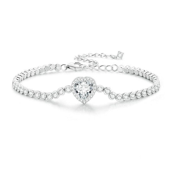 BSB098 S925 Sterling Silver Sparkling White Gold Plated Heart Zirconia Bracelet