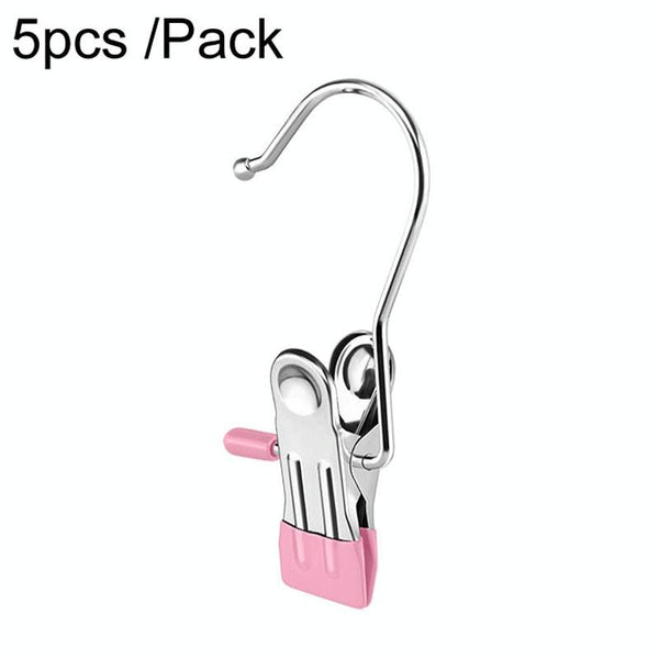5pcs /Pack Stainless Steel Flat Clip With Hook Anti-Scratch Catch Laundry Drying Holder(Pink)