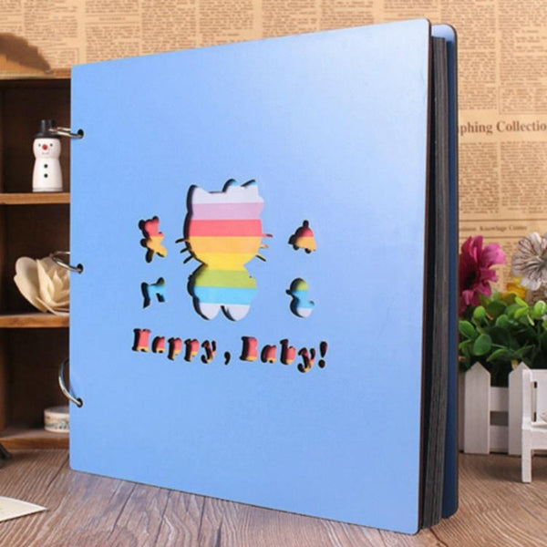 Wooden Cover Baby Growth Commemorative Album Creative Manual Paste Album Book(Blue Cat)
