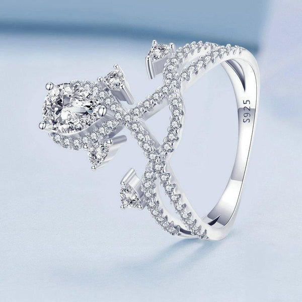 BSR368 S925 Sterling Silver Water Drop Crown White Gold Plated Zircon Ring(No.7)