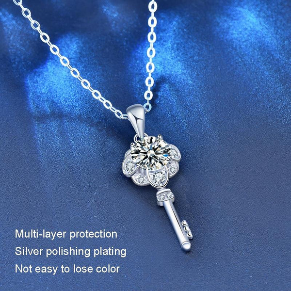 XMA003 Mosan Diamond 925 Silver Key Necklace, Chain Length: 60cm Sweater Chain