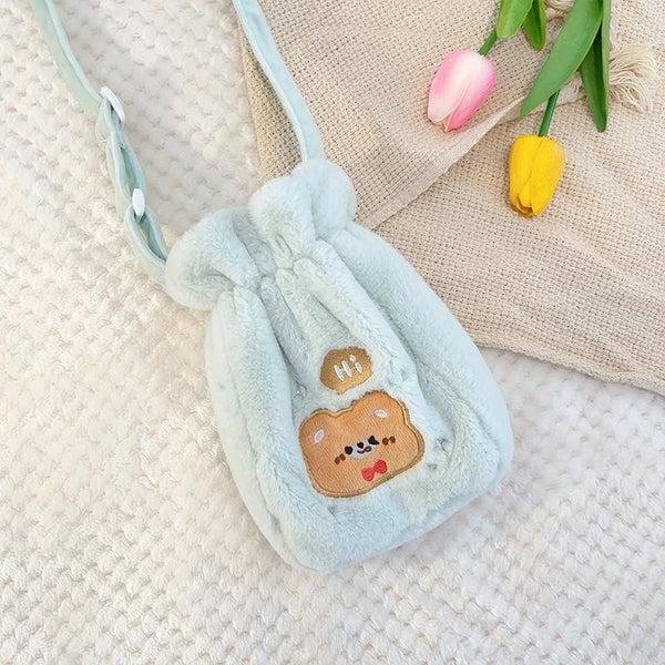 Plush Embroidery Washable Can Be Crossbody Water-Filled Warm Water Bag Green Bear+Strap
