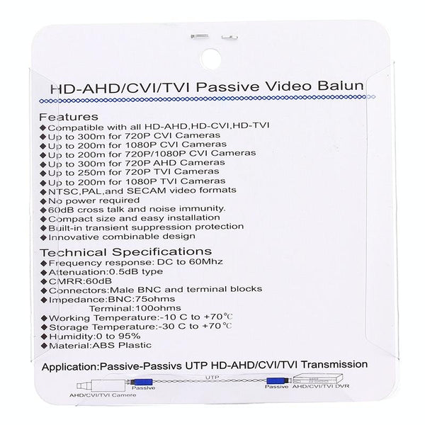 2x HD-CVI/TVI/AHD Passive Video Balun - 300m/1080p CCTV Balun