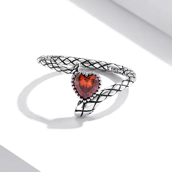 S925 Sterling Silver Retro Snake Heart Zircon Women Open Ring, Size:7
