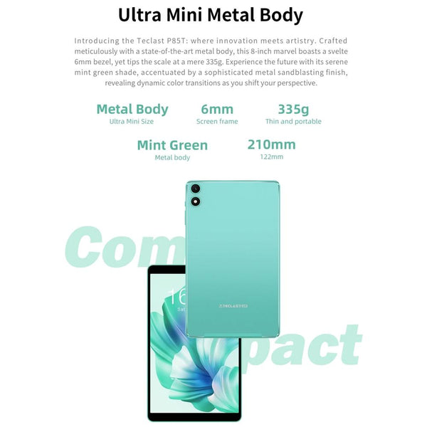 Teclast P85T Tablet PC 8 inch WiFi6, 4GB+64GB,  Android 14 Allwinner A523 Octa Core(Mint Green)