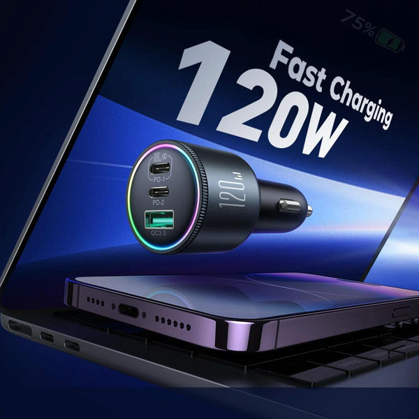 JOYROOM JR-CCN07 120W Dual PD+QC3.0 3-Port Car Charger(Dark Gray)
