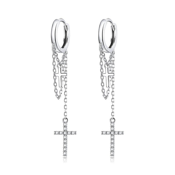S925 Sterling Silver Long Tassel Shining Cross Women Earrings