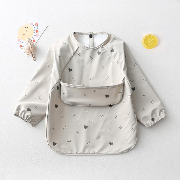 Long Sleeved Baby Soft PU Bib Waterproof Washable Easy Clean Smock With Pocket, Size: L(Gray Letters)