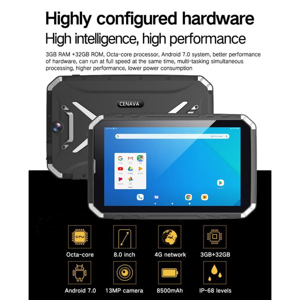 CENAVA-Q802 Triple Proofing Tablet PC, 8.0 inch, 3GB+32GB, Support Google Play, 4G Phone Call, IP68 Waterproof Shockproof Dustproof, Android 7.0, MTK6753 Octa Core 1.5GHz, Support OTG/GPS/NFC/WiFi/BT/TF Card(Black)