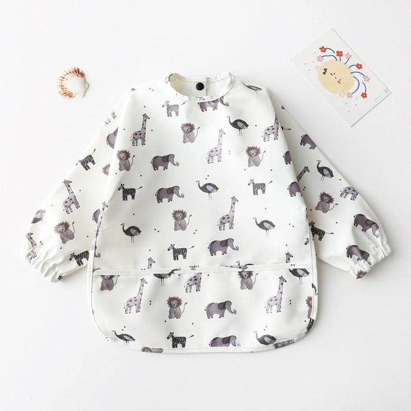 Long Sleeved Baby Bib Waterproof Washable Easy Clean Smock With Pocket, Size: L(Animals)