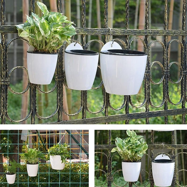 Self-Watering Planter Grow Plants Lazy Flower Pots Wall-hanging Round Resin Plastic Flower Pots, Size: 11x8x10.5cm(White)