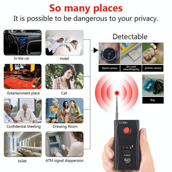 CC308+ RF Detector: Anti-Spy Bug Finder & Camera Lens Detector (EU Plug)