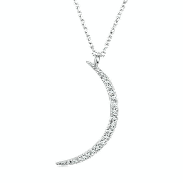 BSN286 Sterling Silver S925 White Gold Plated Zircon Crescent Pendant Necklace