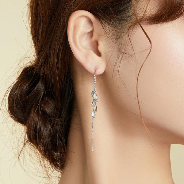 S925 Sterling Silver Simple Style Long Leaves Women Earrings
