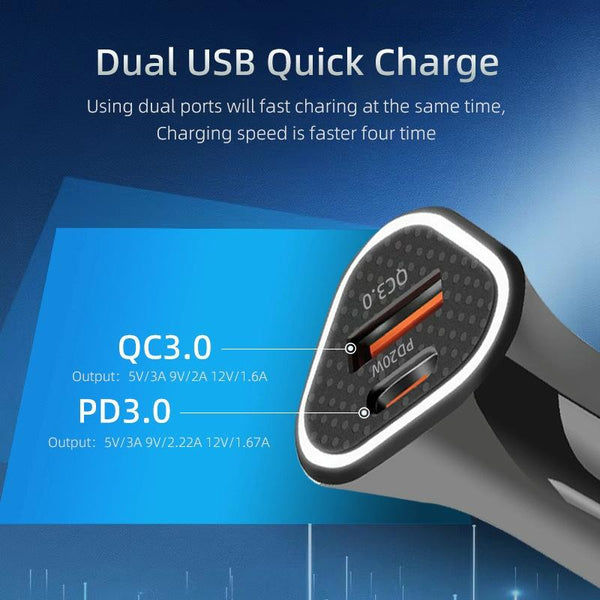 PD + QC3.0 Car 2 in 1 Triangle Fast Charger Car Cigarette Lighter(White)