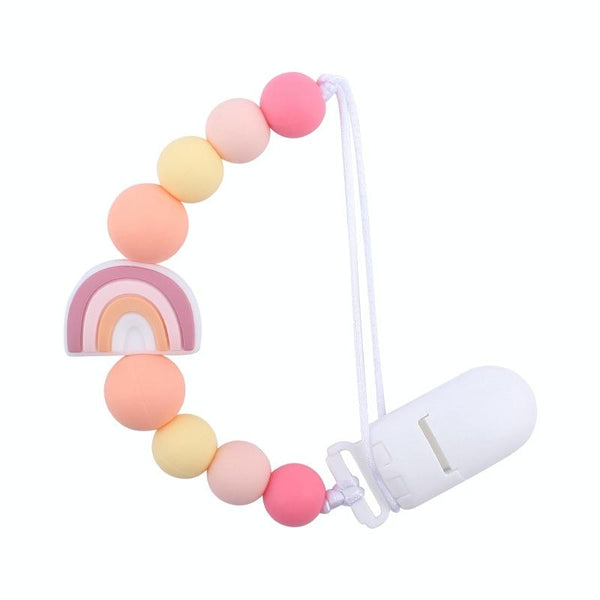 Baby Anti-drop Chain Pacifier Clips Silicone Rainbow Beads Dummy Holder Nipple Clip(Pink)