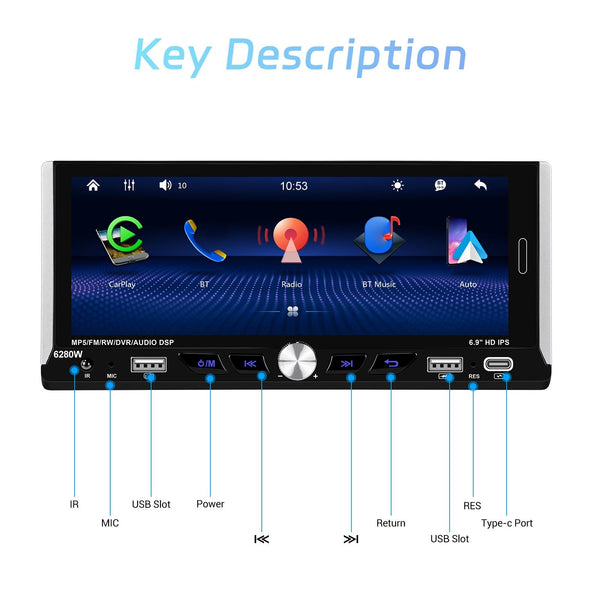 Single Spindle 6.9 inch MP5 With Knob Player Carplay Function Car MP4 Backup Camera, Specification: Standard+12 Light Camera