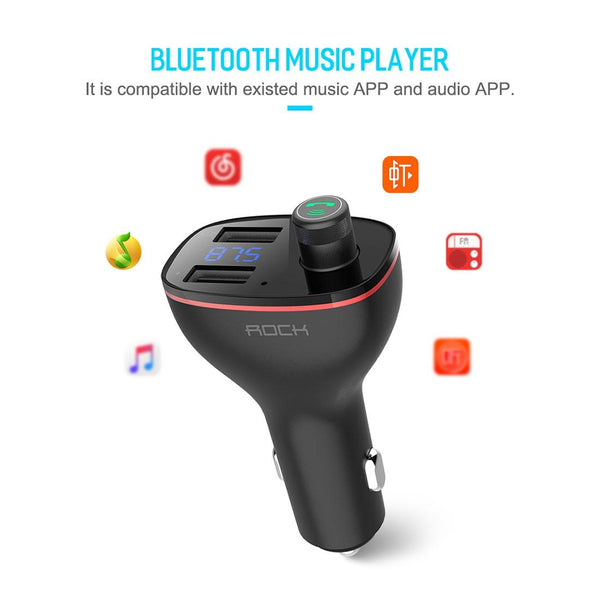 Rock B300 Wireless Bluetooth V4.2 FM Transmitter Radio Adapter Car Charger, With Dual USB Output & Hand-Free Calling, Music Player Support USB Flash Drive & U Disk, Compatible with IOS & Android