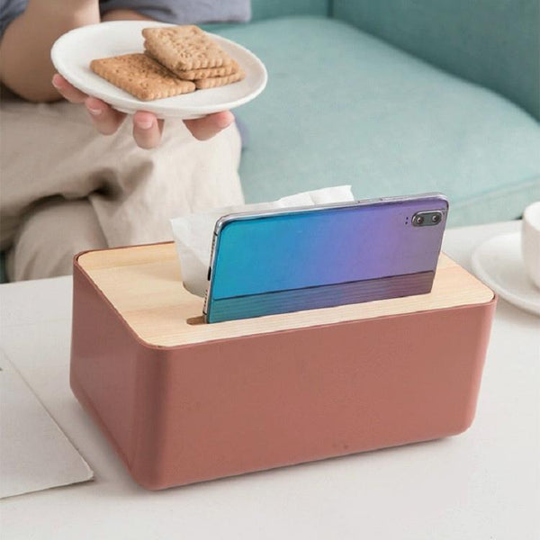 Grooved Drawer Box Home Living Room Tissue Box with Log Cover, Phone Holder Function(White)