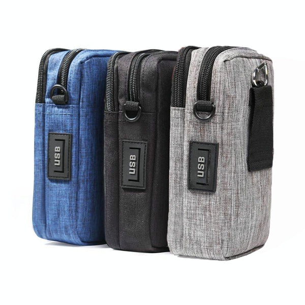 For 6-7 inch Mobile Phone Universal Silver Wire Canvas Waist Bag with Shoulder Strap & Earphone Hole & USB Cable Hole(Black Blue)