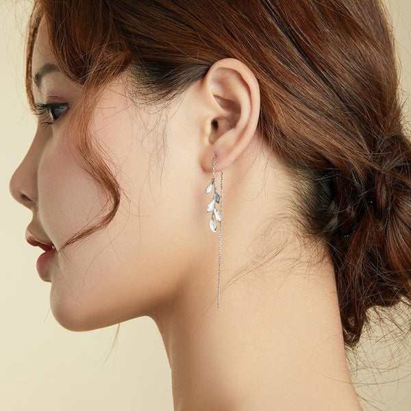 S925 Sterling Silver Simple Style Long Leaves Women Earrings
